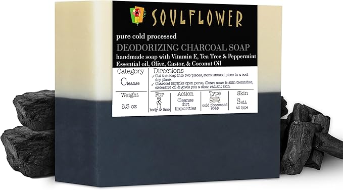 Soulflower Deodorizing Charcoal Soap With Activated Charcoal, Peppermint Oil, Tea Tree Oil, Vitamin E For Acne, Body Odour - 150gm/5.3Oz - Image 3
